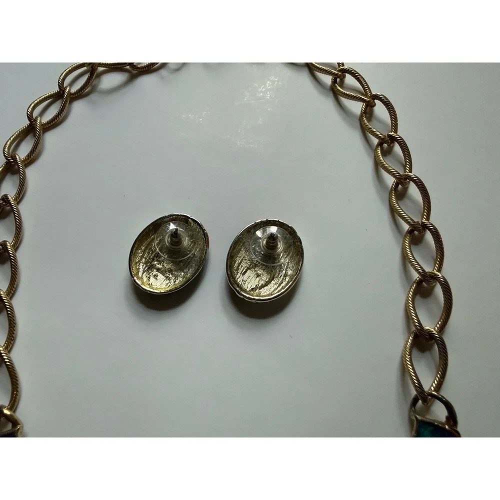 Vintage 80s Statement Tie Dye Necklace And Matching Earrings‎ Gold Tone Rainbow